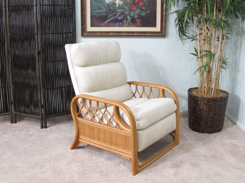 Rattan Recliner Chair Triple Bolster Back, Honey Oak Rattan Armchair