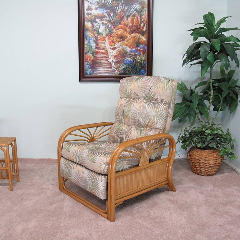 Rattan Recliner Fan Spoke Arms Tropical Print, Bentwood Rattan Furniture