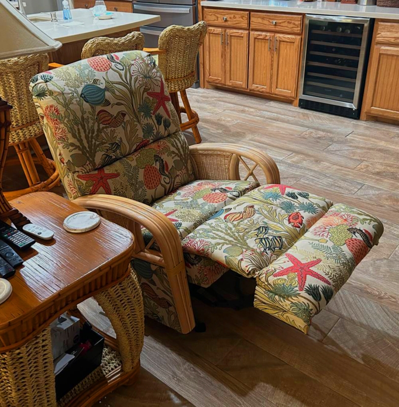 Rattan Recliner Sea Life Pattern Bent Rattan, Coastal Sea Life Upholstery