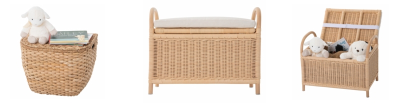 Rattan Storage Bench with Cushioned Seat and Curved Handles