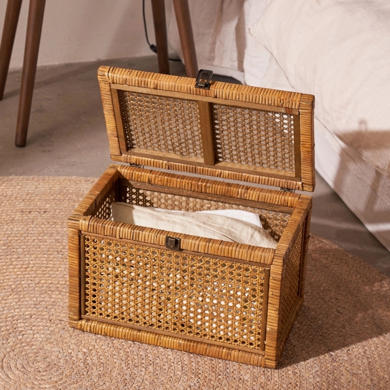 Rattan Storage Chest with Cane Weave Panels and Metal Latch