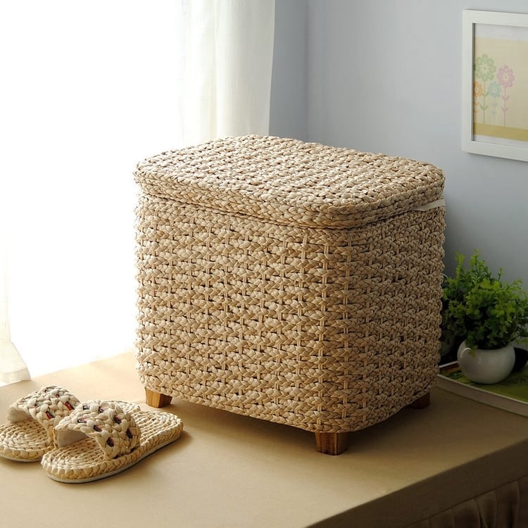 Rattan Storage Ottoman Braided Weave Fabric Liner Cottage