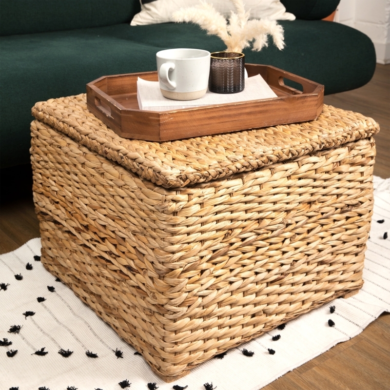 Rattan Storage Ottoman Square Chunky Weave Natural