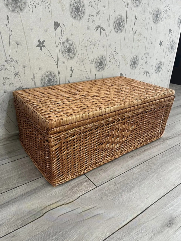 Rattan Storage Trunk with Woven Diamond Motif and Fitted Lid