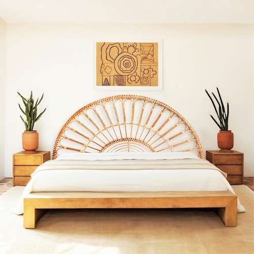 Rattan Sunrise Headboard Fan Silhouette Honey Brown Boho Platform Bed Set