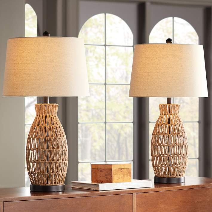 Rattan Table Lamp Set with Open Weave Urn Base and Matte Black Accents