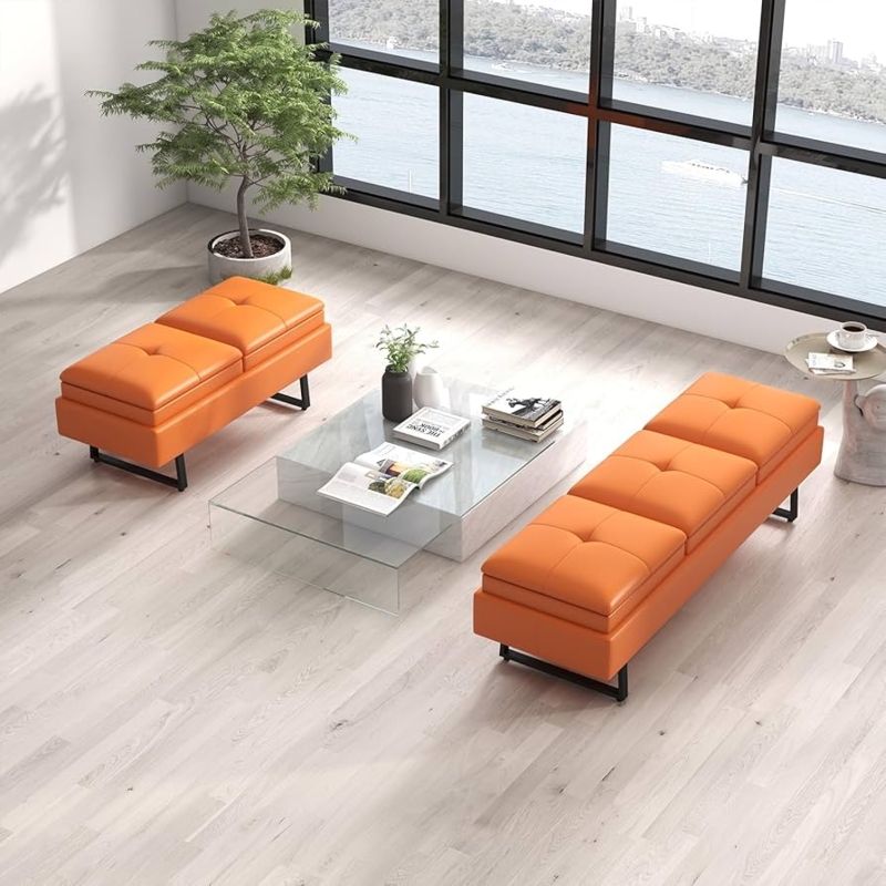 Reception Bench Vibrant Orange Tufted Seat Black Sled Base Modern Lobby