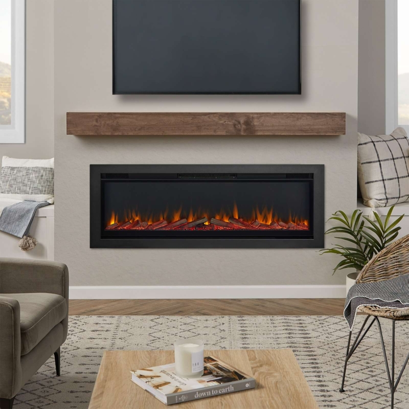 Recessed Electric Fireplace Wide Format Matte Black Floating Mantle