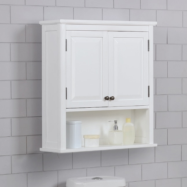 Recessed Panel White Wall Mounted Cabinet with Open Shelf.