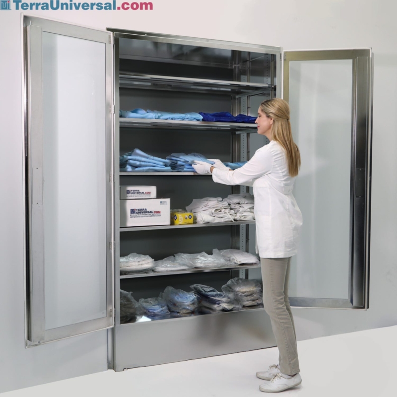 Recessed Stainless Steel Storage Cabinet with Flush Glass Panel Doors