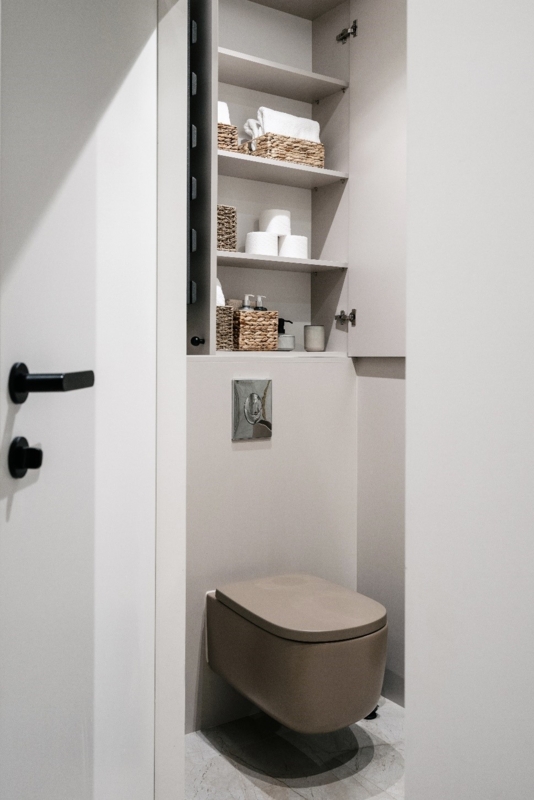 Recessed Storage Minimalist Built-In Shelving Above Wall Hung Toilet