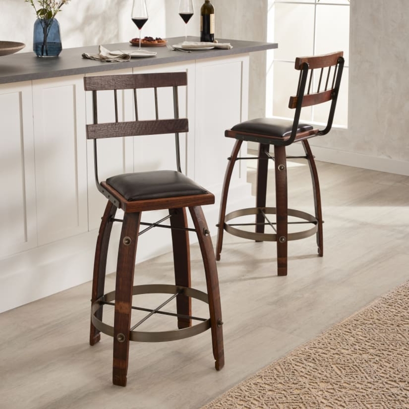 Reclaimed Wine Barrel Stave and Leather Bar Stool
