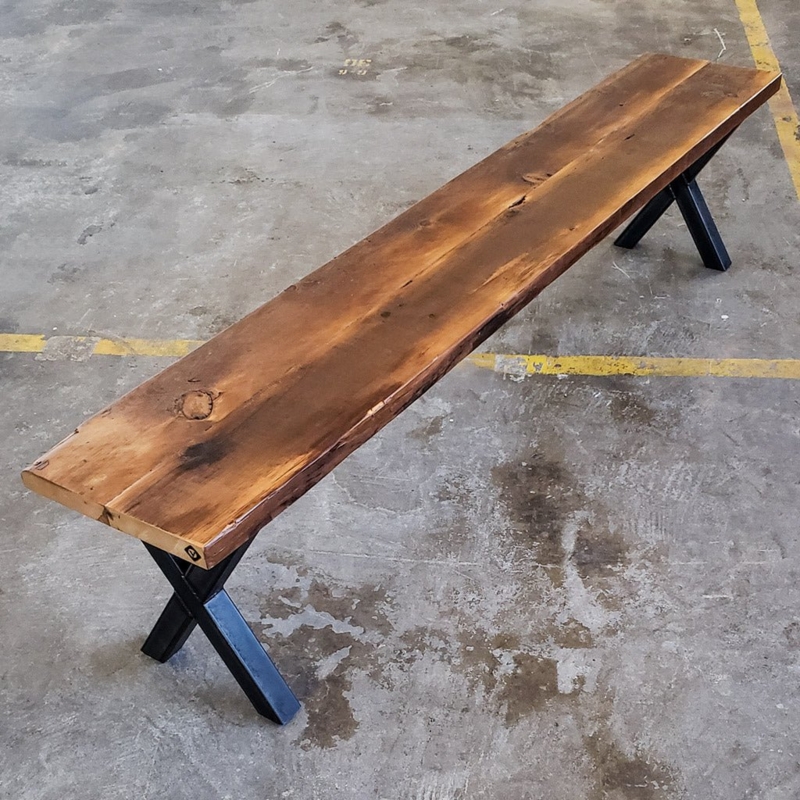 Reclaimed Wood Bench X-Frame Legs Industrial Farmhouse Slab Seat