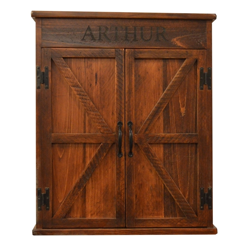 Reclaimed Wood Game Room Decor Cabinet with X-Brace Doors and Engraving