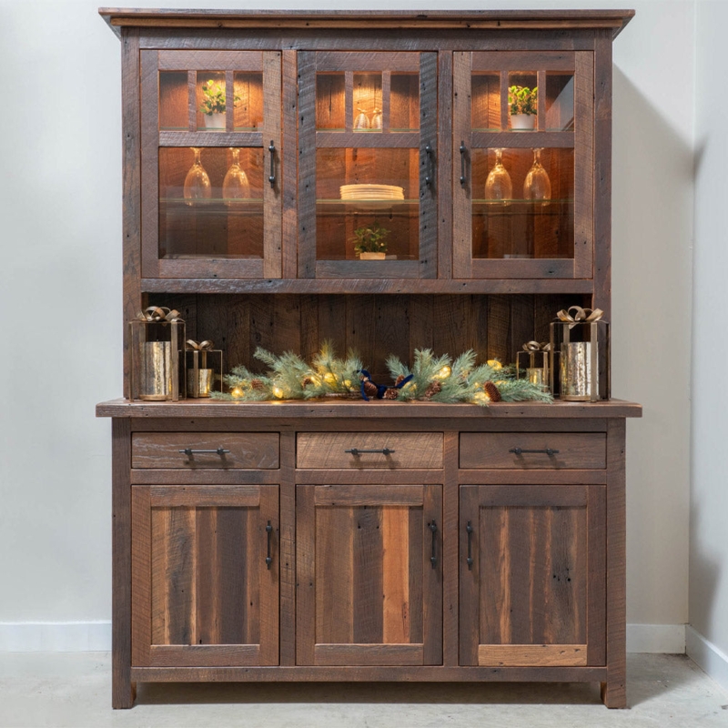 Reclaimed Wood Hutch Cabinet With Integrated Lighting