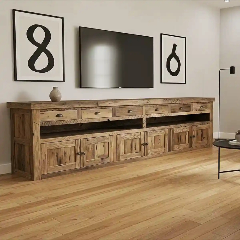 Reclaimed Wood Media Console with Twelve Compartment Storage
