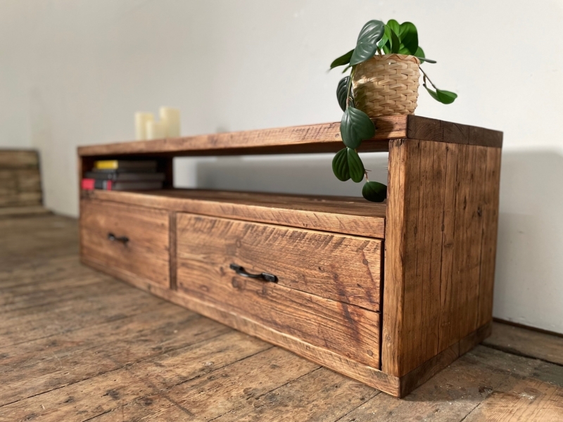 Reclaimed Wood Media Unit with Rough Sawn Texture and Dual Drawers