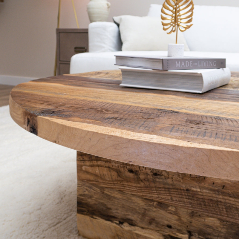 Reclaimed Wood Round Coffee Table Square Base Thick Edge
