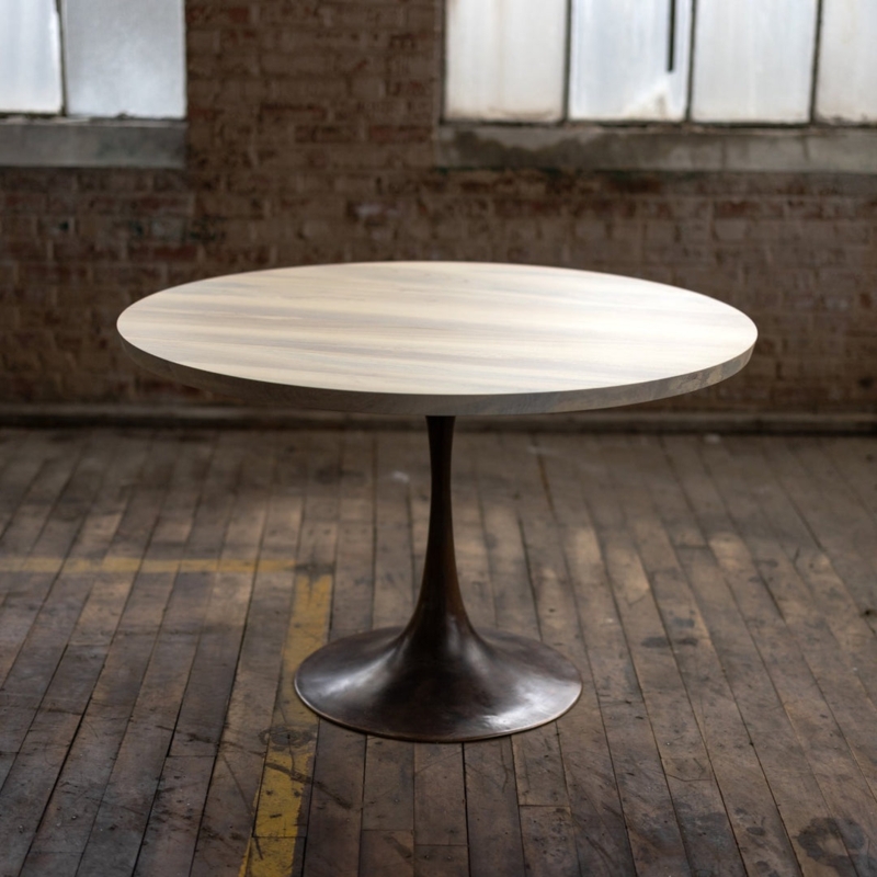 Reclaimed Wood Round Dining Table with Cast Bronze Pedestal Base