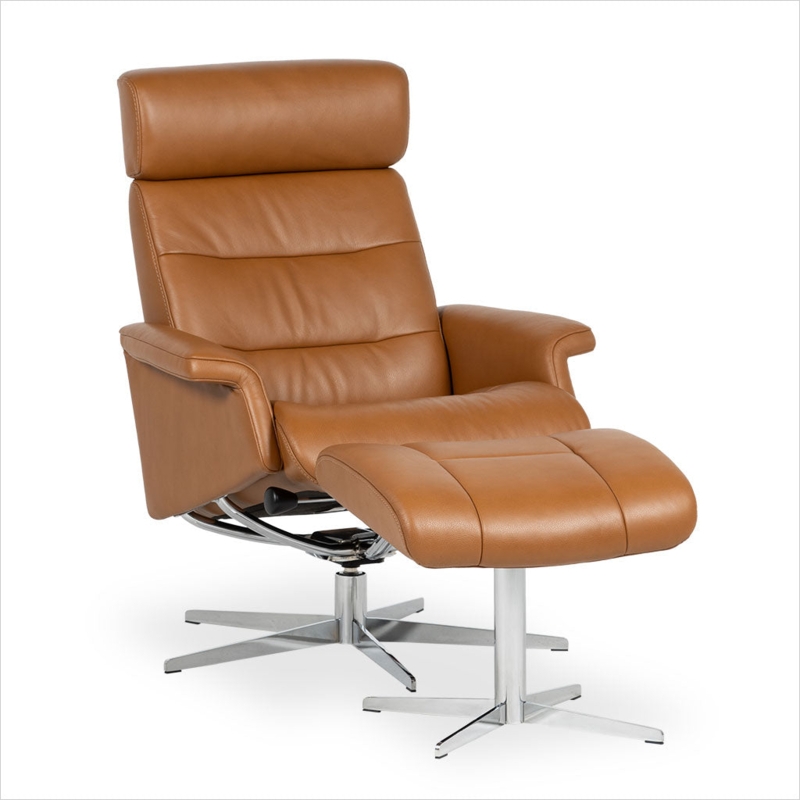 Recliner and Ottoman, Saddle Brown Polished Metal Base | Modern Swivel