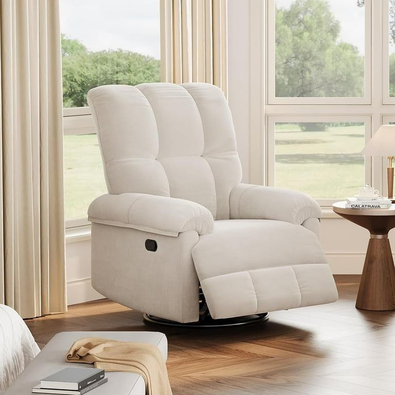 Recliner Chair: Chenille-Like Fabric, Warm Beige Swivel (60 characters)