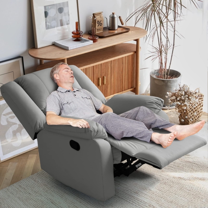 Recliner Chair Cool Grey Leather-like Manual Side Lever 150 Degree Tilt