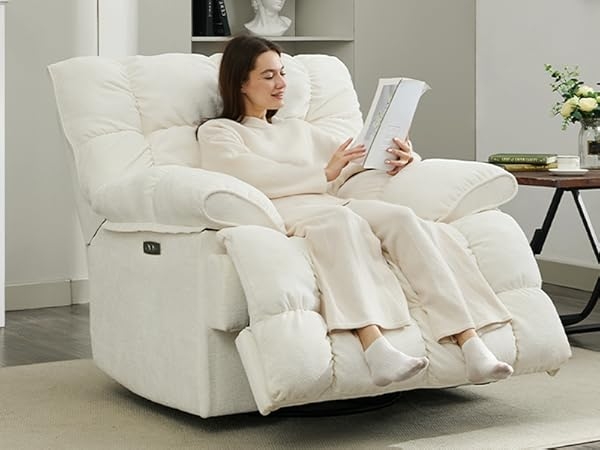 Recliner Chair: Integrated Footrest, Creamy White Swivel (60 characters)