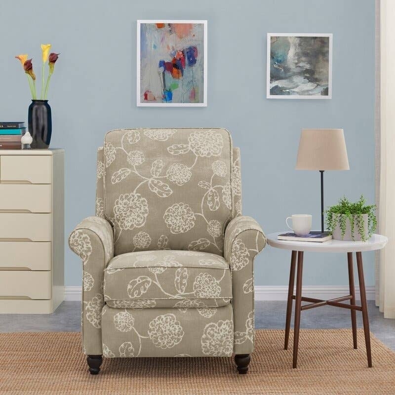 Recliner Chair Large Floral Print Rolled Arms Tapered Legs Sage Green