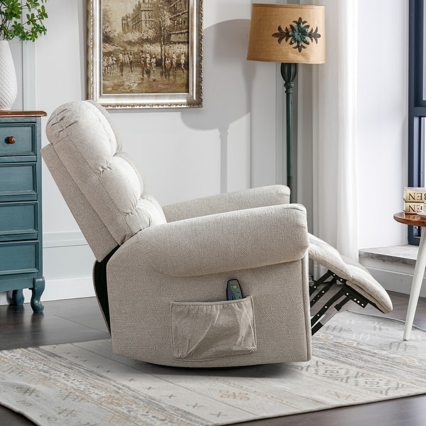 Recliner Chair: Overstuffed Back, Beige Woven Fabric Swivel (64 characters)