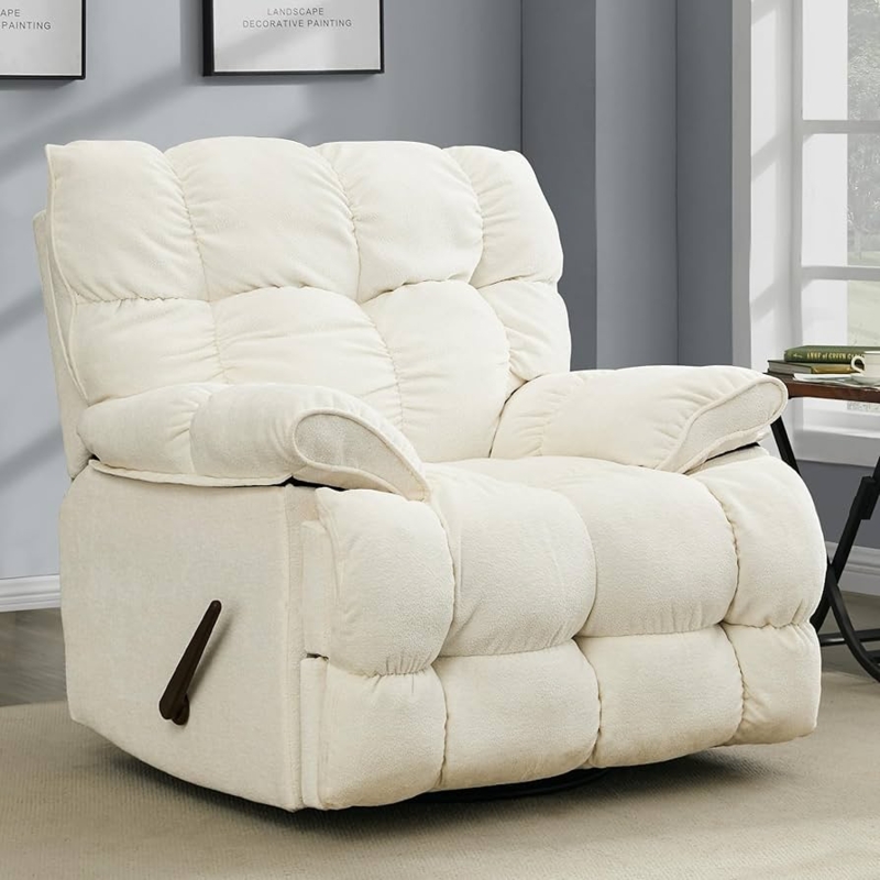 Recliner Chair: Overstuffed Swivel Rocker, Cream Fabric (56 characters)