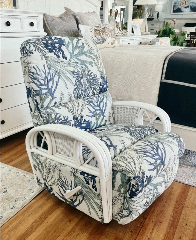 Recliner Chair Reef Pattern White Rattan Arms, Coastal Reef Recliner