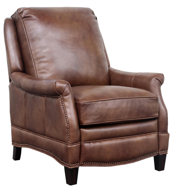 Recliner Chair: Tawny Brown Leather-Like with Nailhead Trim Rolled Arms