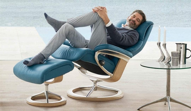 Recliner Chair Teal Leather-like Circular Wood Base Swivel with Ottoman