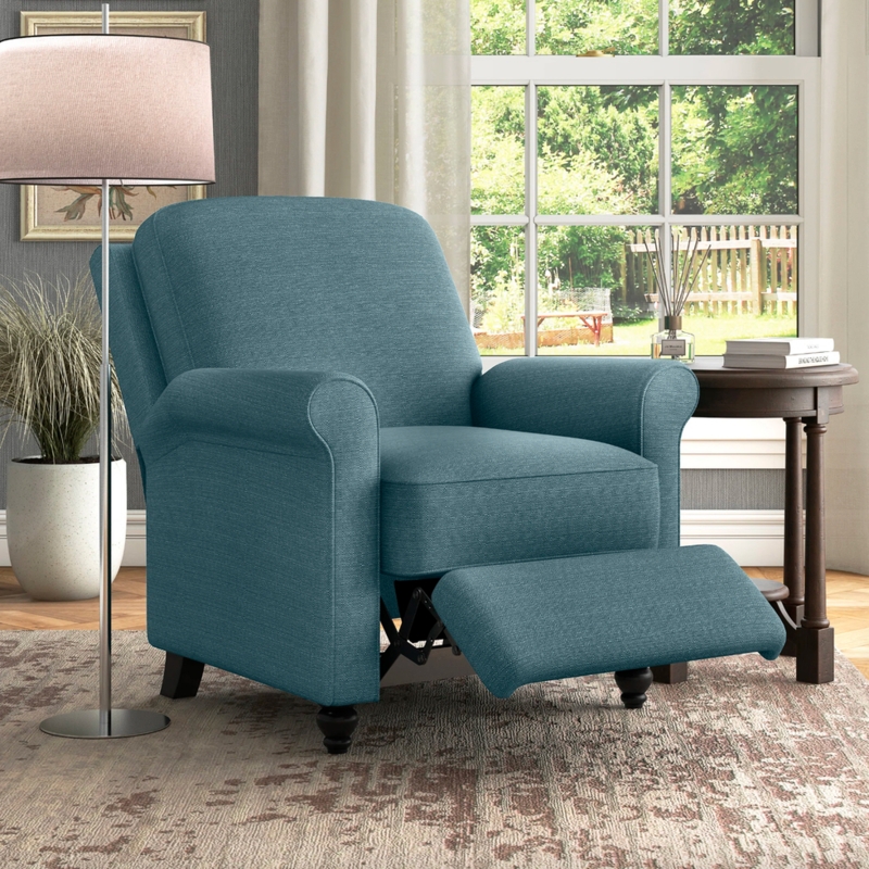 Recliner Chair Turned Front Legs Teal Blue Traditional Rolled Arm