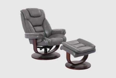 Recliner Chair, Walnut Toned Base Slate Grey Leather | Swivel Set