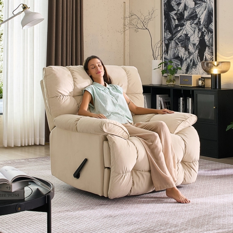 Recliner Chair Warm Beige Oversized Cushions Manual Lever Tufted Back