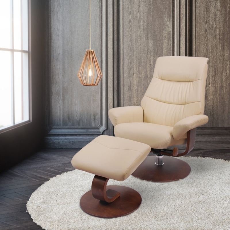 Recliner Chair with Walnut Toned Wood Base & Warm Cream | Swivel Set