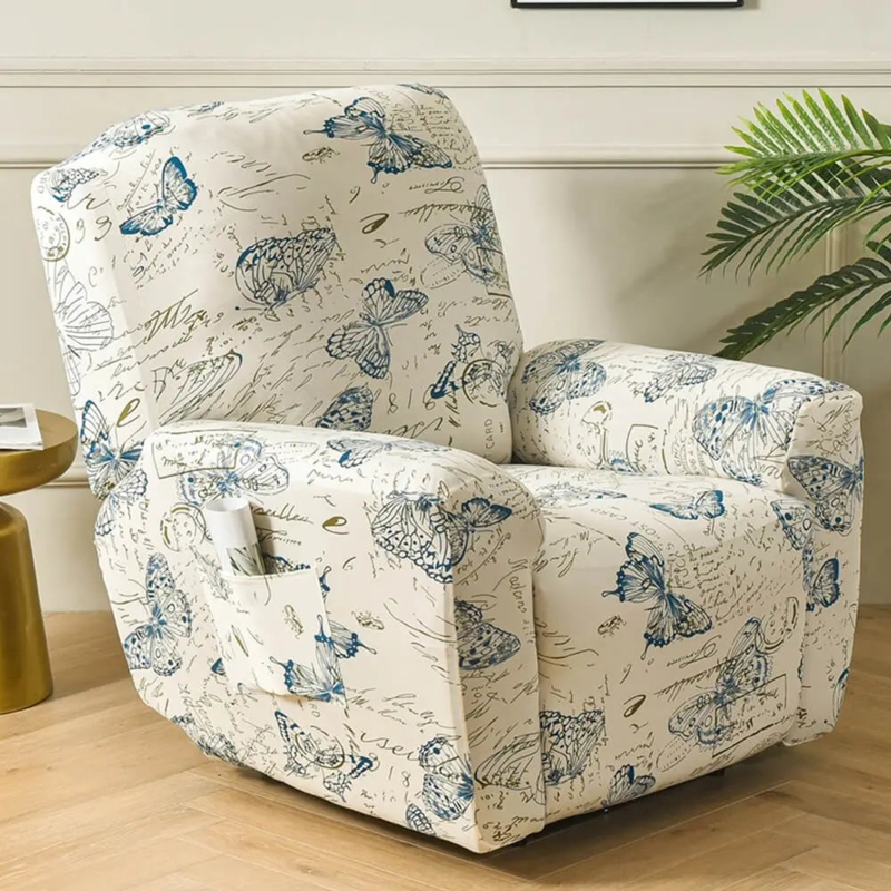 Recliner Cover Vintage Botanical Butterfly Script Pattern Pocket