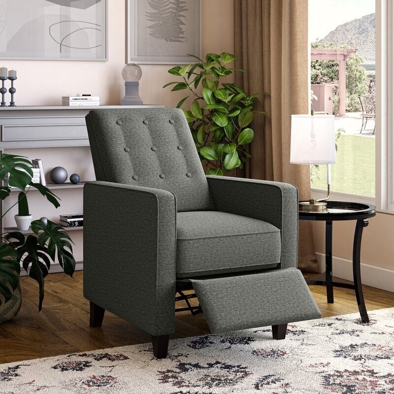 Recliner: Mid Century Modern Charcoal Grey Button Tufted Slim Profile