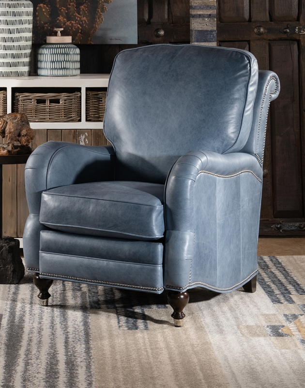 Recliner Slate Blue Leather Silver Nailhead Trim Front Caster Feet