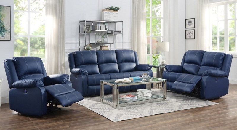 Recliner Sofa Set Navy Blue Power White Contrast Stitching Pillow Top