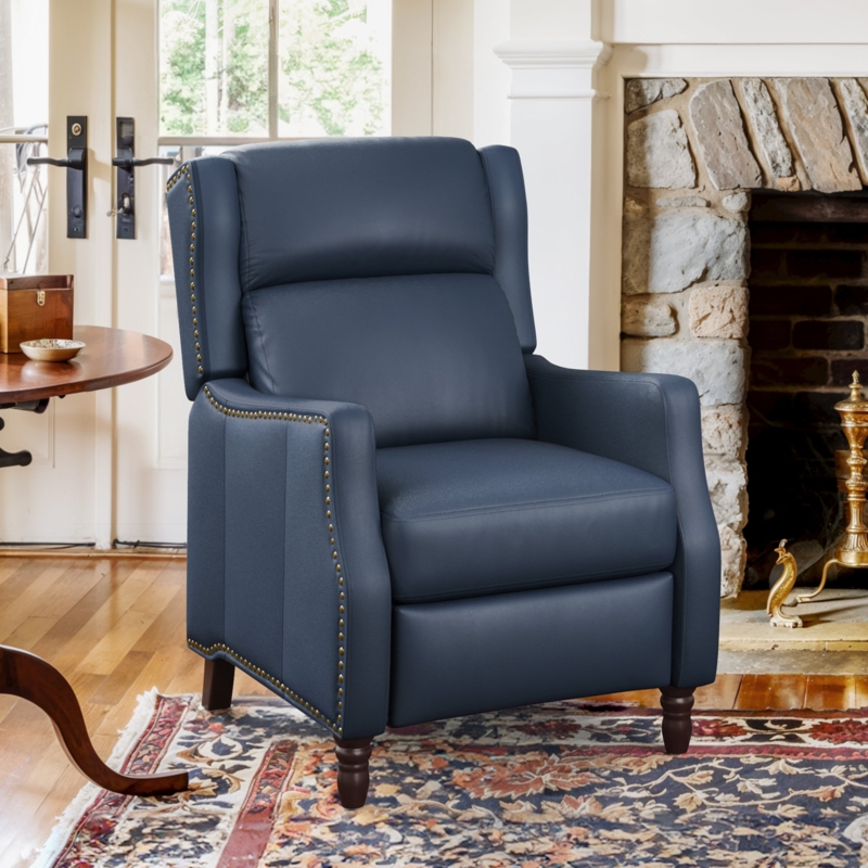 Recliner Traditional Genuine Leather Wingback Turned Wood Legs