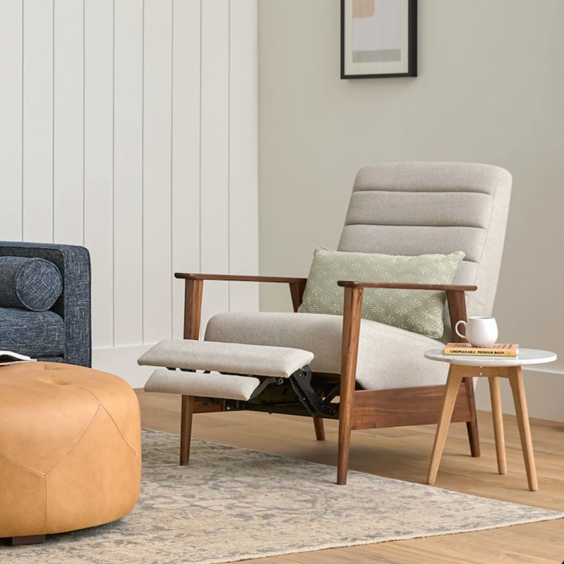 Reclining Accent Chair Ribbed Backrest Slim Wooden Arms Walnut Wood