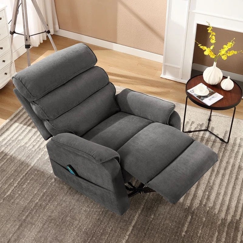 Reclining Chair Segmented Back Charcoal Grey Plush Recliner with Pocket