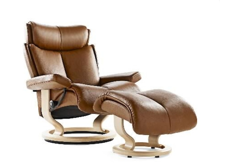 Reclining Chair Set: Cognac Leather-Like Scandinavian Circular Wood Base