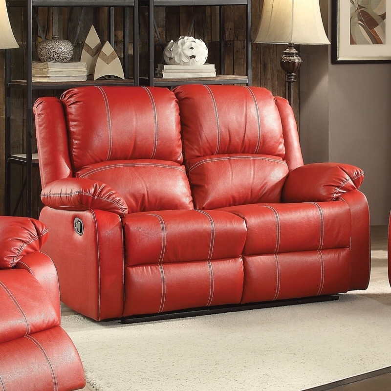 Reclining Loveseat Vibrant Red Contrast Topstitching Manual Small Couch