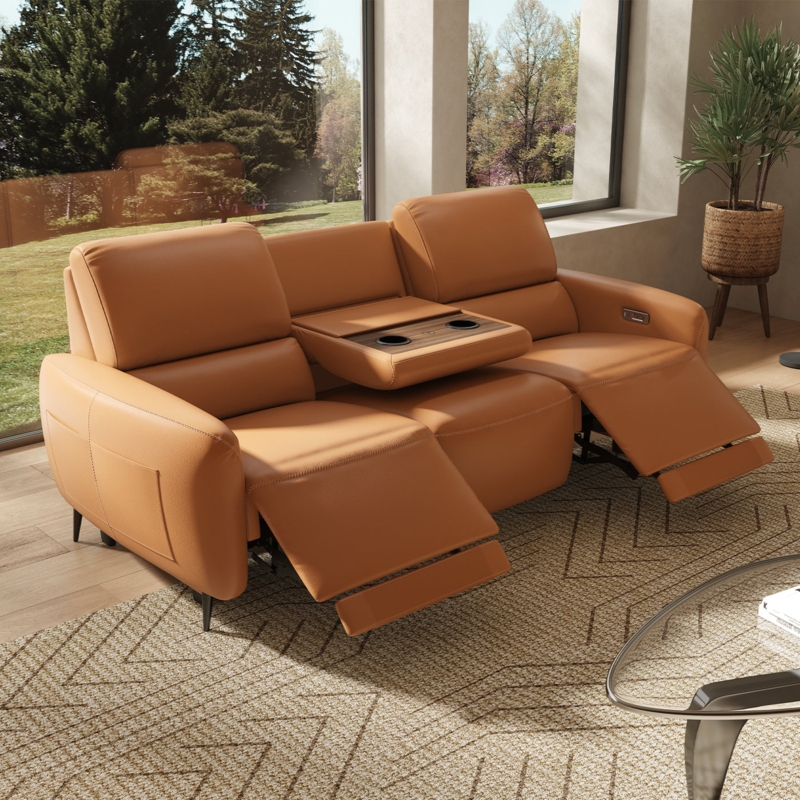 Reclining Sofa Drop Down Console Cognac Tan Tapered Legs Power