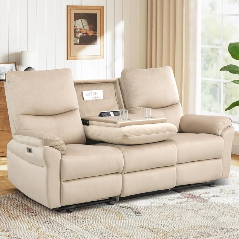 Reclining Sofa Drop Down Table Power Cup Holders 3 Seat Theater