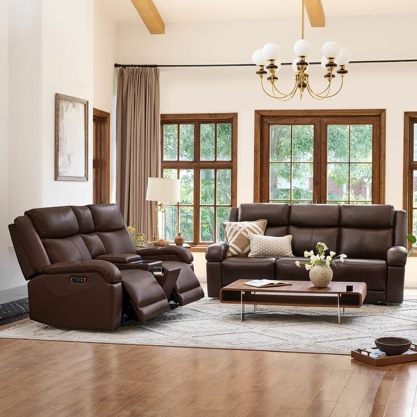 Reclining Sofa Set Tiered Backrest Chocolate Brown Console Power