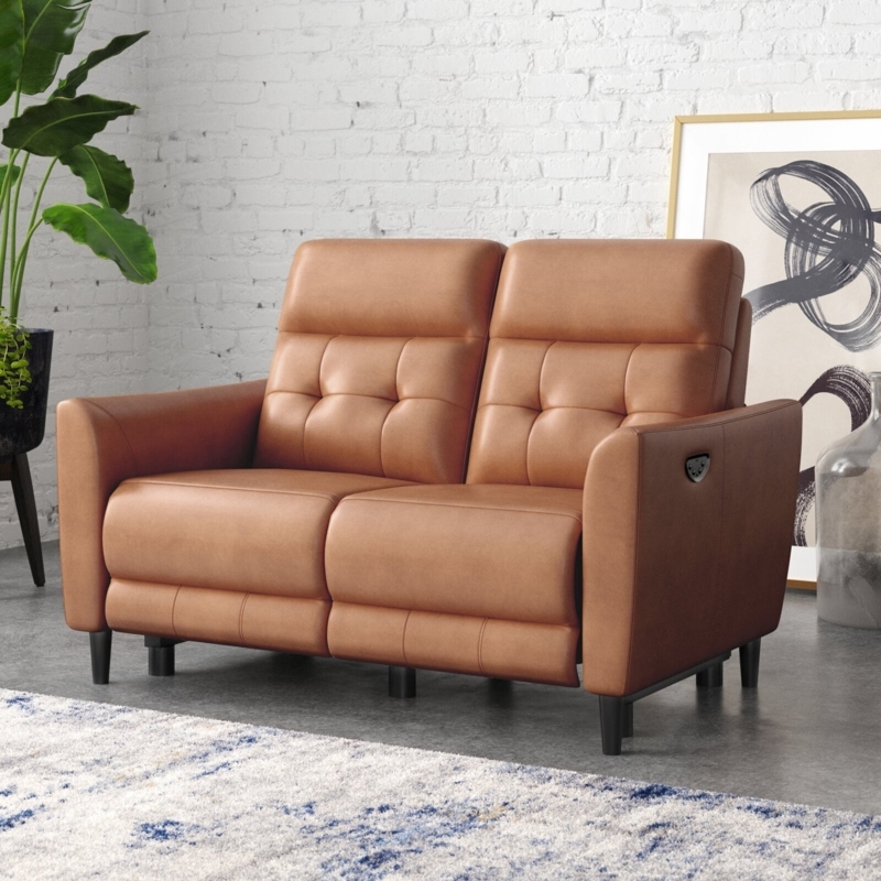 Reclining Sofa Tufted Back Cognac Tan Tapered Legs Small Power